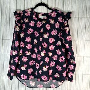 Free Assembly Women’s Ruffle Sleeve Navy Pink Floral Long Sleeve Blouse Size Med